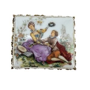 Vintage Porcelain Fragonard Courting Couple Brooch Pendant Gold Filigree Pearl